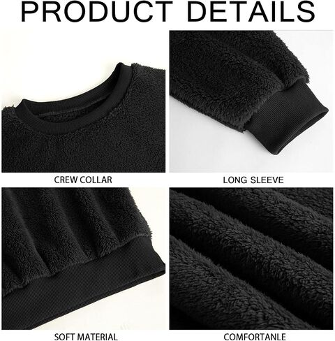 Mens Fuzzy Sherpa Sweatshirt Long Sleeve Fluffy Crew Neck Pullover Cozy Basic Unisex Fall Winter Warm Tops in Saudi Arabia