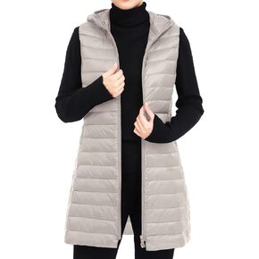 Women's Long Puffer Vest Zipper Sleeveless Hooded Down Vest