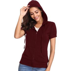 MISS MOLY Women's Short Sleeve Hoodie Full Zip Up Cotton Slim Fit Sweatshirt Kanga Pocket