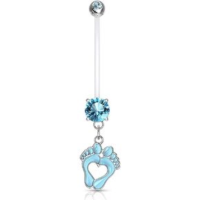 Forbidden Body Jewelry 14G 1" Pregnancy Bioflex Adjustable & Flexible Dangle Baby Feet CZ Maternity Belly Button Ring