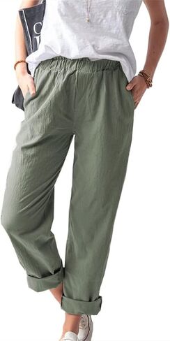 KOOBETON Women's Summer Casual Cotton Linen Trouser High Waist Palazoo Cropped Pants in Kuwait