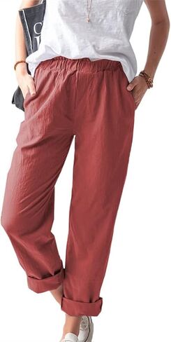 KOOBETON Women's Summer Casual Cotton Linen Trouser High Waist Palazoo Cropped Pants in Kuwait