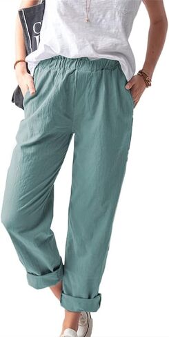 KOOBETON Women's Summer Casual Cotton Linen Trouser High Waist Palazoo Cropped Pants in Kuwait