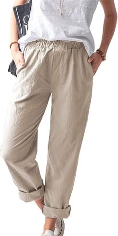 KOOBETON Women's Summer Casual Cotton Linen Trouser High Waist Palazoo Cropped Pants in Kuwait
