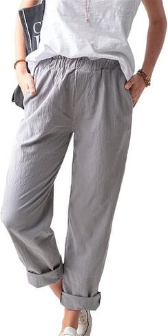 KOOBETON Women's Summer Casual Cotton Linen Trouser High Waist Palazoo Cropped Pants in Kuwait