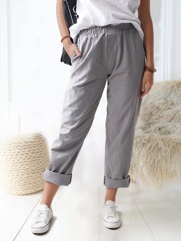 KOOBETON Women's Summer Casual Cotton Linen Trouser High Waist Palazoo Cropped Pants in Kuwait