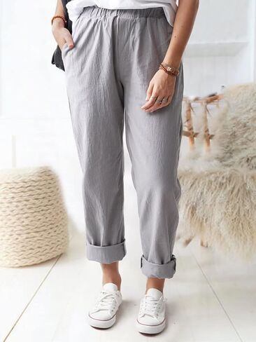 KOOBETON Women's Summer Casual Cotton Linen Trouser High Waist Palazoo Cropped Pants in Kuwait