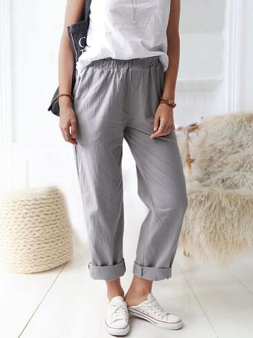 KOOBETON Women's Summer Casual Cotton Linen Trouser High Waist Palazoo Cropped Pants in Kuwait