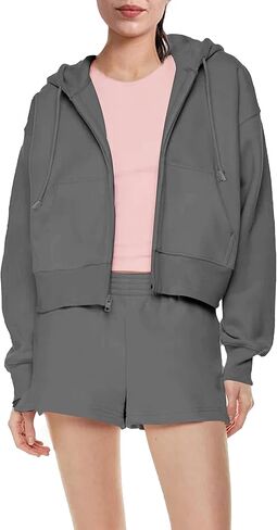 PUWEI Women's Casual Zip Up Drawstring Cropped Hoodie Hooded Crop Jacket Top with Pockets in Kuwait