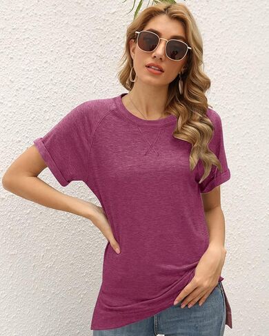 SURBEI Womens Tops Crewneck Raglan Summer T Shirts Casual Short Sleeve Side Split Tee Shirts in Saudi Arabia