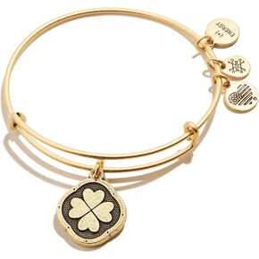 Alex and Ani Path of Symbols Expandable Bangle for Women, Four Leaf Clover Embossed Charm, Rafaelian Gold Finish, 2 to 3.5 in