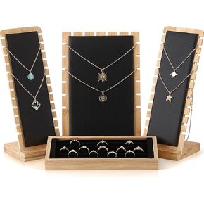 Henoyso 4 Pcs Bamboo Jewelry Display Stand Necklace Tabletop Display Boards Ring Display Holder Jewelry Storage Tray for Show
