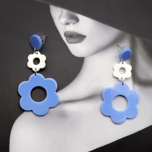 Acrylic Flower Earrings for Women,Double Daisy Drop Earrings,Resin Flowers Floral Earrings for Girl Teens Y2k Yellow White Flowers 60/70s Earrings in Saudi Arabia