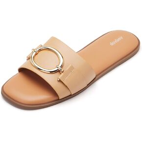 vodvob Women's Flat Sandals Fashion Square Open Toe Metal Chain Summer Dressy Sandals Slip On Casual Slides