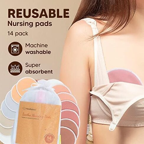 14-Pack Reusable Nursing Pads for Breastfeeding (Lovelle, L 4.8") | Soft & Absorbent, 4-Layers, Washable Breast Pads for Leaking Milk, Viscose from Bamboo Breastfeeding Essentials, Nipple Cover in Saudi Arabia