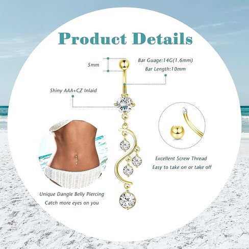 Drperfect 6 قطعة 14 جرام حلقات زر البطن استرخى للنساء 316L الفولاذ المقاوم للصدأ واضح تشيكوسلوفاكيا حلقات السرة ثقب البطن مجوهرات ثقب الجسم in Saudi Arabia
