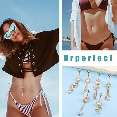 Drperfect 6 قطعة 14 جرام حلقات زر البطن استرخى للنساء 316L الفولاذ المقاوم للصدأ واضح تشيكوسلوفاكيا حلقات السرة ثقب البطن مجوهرات ثقب الجسم in Saudi Arabia