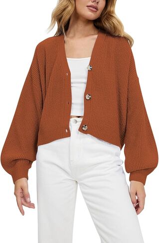 Pink Queen Women's 2023 Fall Button Down V Neck Batwing Long Sleeve Ribbed Knit Cropped Cardigan Sweater Top in Kuwait