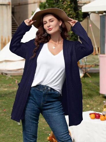 BELAROI Womens Open Front Cardigan Cable Knit Sweaters Plus Size Long Sleeve Tops Loose Fall Outwear Coat with Pockets in Kuwait