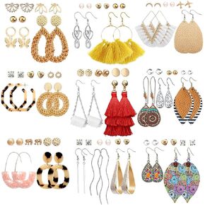 47 Pairs Fashion Earrings for Women Girls, Boho Statement Tassel Rattan Leather Earrings Butterfly Acrylic Hoop Stud Drop Dangle Earrings Set, Hypoallergenic for Sensitive Ears