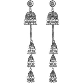 بوهو خمر الطبقات Jhumka Jhumki الشرابة تتدلى بيان الأقراط للنساء الفتيات المجوهرات الهندية المؤكسدة طويل جرس انخفاض القرط التقليدية العرقية الخرز الغجر البوهيمي بوليوود هدية