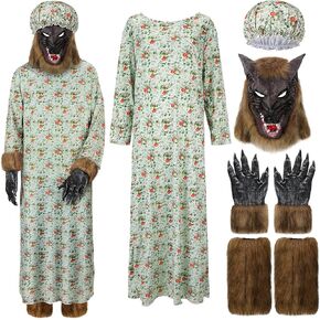 Bonuci Halloween Wolf Granny Costume Adult Cosplay Dress Outfit with Hat Wolf Head Mask Wolf Gloves Leg Warmers for Party in Saudi Arabia