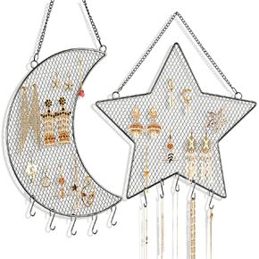 2 Pack Wall Earring Holder Hanging Jewelry Storage Organizer, Metal Grid Star and Moon Shape Jewelry Stand, Gift for women and Girls in Saudi Arabia