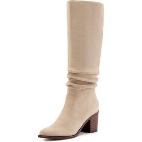 Athlefit Womens Knee High Chunky Heel Boots Faux Suede Pointed Toe Side Zipper Boots