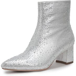 Pasuot Sparkly حجر الراين أحذية للنساء - أحذية الكاحل بلينغ الماس مع كعب مكتنزة بريق مرصع، مدبب اصبع القدم كتلة عالية الكعب أحذية قصيرة مع سحاب جانبي، للحفلات، المواعدة، الموضة
