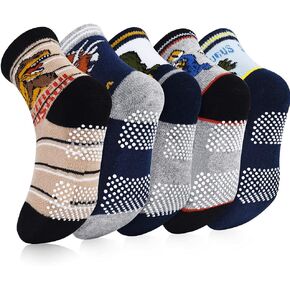 Kids Cotton Crew Socks with Grip - 5 Pack Boys Girl Winter Athletic Sport Ankle Sock Set 6-12 Year