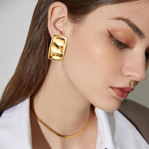  Chunky Gold Rectangle Stud Earrings for Women, Dainty Thick Stud Earrings, Minimalist Geometric Earrings for Women Girls in Kuwait