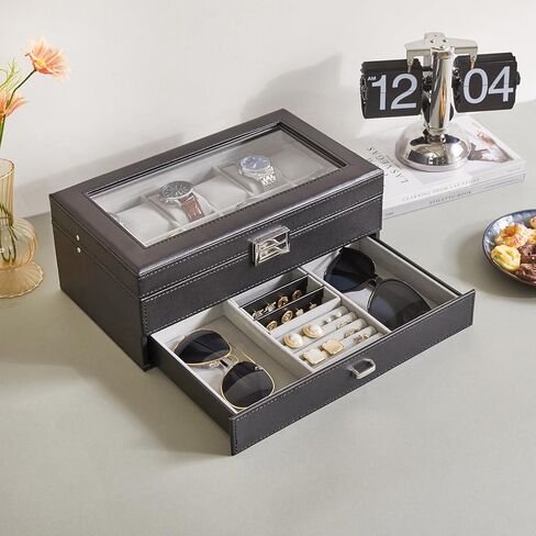 صندوق ساعة IBUYKE مع وسادة ساعة قابلة للإزالة 6 فتحات من الخشب الصلب حافظة عرض ساعة لمنظم المجوهرات للرجال مع غطاء زجاجي كبير JWB006H in Kuwait