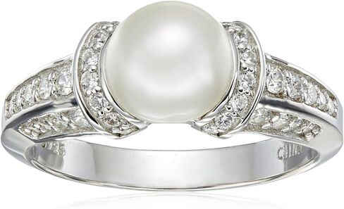 Amazon Collection Platinum Plated Sterling Silver Infinite Elements Cubic Zirconia Freshwater Cultured Pearl Ring in Saudi Arabia