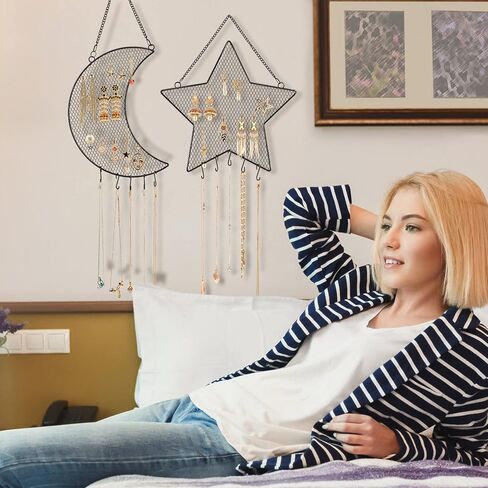 منظم تخزين المجوهرات المعلق على الحائط من GMPAJHL، حامل مجوهرات على شكل نجمة وقمر شبكية معدنية، هدية للسيدات والفتيات (أسود) in Saudi Arabia