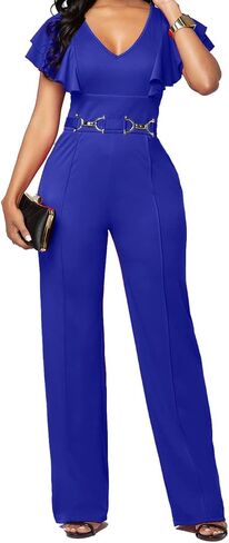 PDBQ Women's V-Neck Jumpsuit High Waist Short Sleeve Ruffled Loose Long Wide Leg Pants Suit in Kuwait