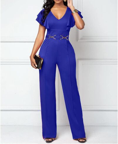PDBQ Women's V-Neck Jumpsuit High Waist Short Sleeve Ruffled Loose Long Wide Leg Pants Suit in Kuwait