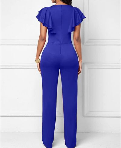 PDBQ Women's V-Neck Jumpsuit High Waist Short Sleeve Ruffled Loose Long Wide Leg Pants Suit in Kuwait