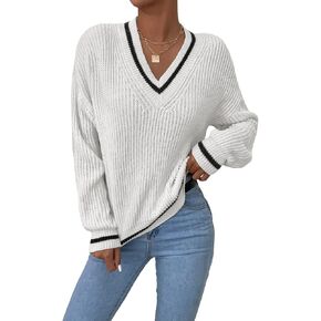 SHENHE Women's V Neck Ribbed Knit Long Sleeve Drop Shoulder Pullover Sweater Tops