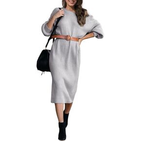 Alaster Queen Women's Ribbed Knit Sweater Dress 2023 Balloon Long Sleeve Fall Sweater Midi Dresses for Women