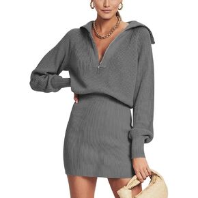 DEEP SELF Women's Casual Long Sleeve Bodycon Sweater Dresses Fall Half Zip V Neck Slim Fit Ribbed Knitted Mini Dress