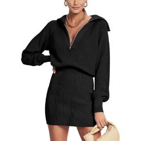 DEEP SELF Women's Casual Long Sleeve Bodycon Sweater Dresses Fall Half Zip V Neck Slim Fit Ribbed Knitted Mini Dress
