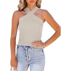 Womens Criss Cross Halter Sweater Vest Tops Summer Sleeveless Pullover Casual Lightweight V Neck Knit Tank Top in Saudi Arabia