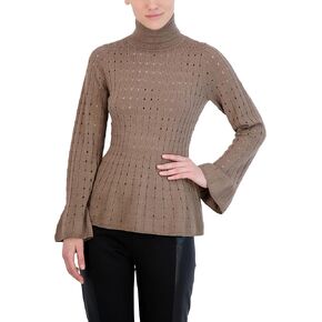 BCBGMAXAZRIA Women's Fitted Peplum Sweater Long Sleeve Bell Cuff Turtle Neck Ruffle Hem Top