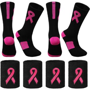 Hercicy 16 Pcs Breast Cancer Awareness Socks and Wristbands Set 4 Pairs Breast Cancer Football Socks Pink Ribbon Socks 4 Pairs Wrist Sweatbands for Women Youth Athletic Support Accessories in Kuwait