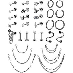 Florideco 16G Cartilage Earring Stud for Women Men Stainless Steel Cartilage Hoop Earring Flat Back Stud Earrings Butterfly CZ Cartilage Stud Earrings Chain Dangle Cartilage Helix Tragus Piercing Jewelry