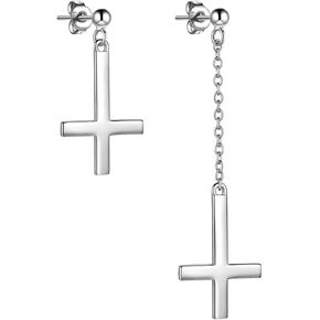 Beautlace Mens Inverted Cross Stud Earrings 925 sterling silver Asymmetry Upside Down Cross Dangle Earrings 18K Gold/Black Gun Plated Clip on Religious Jewelry Gift for Women