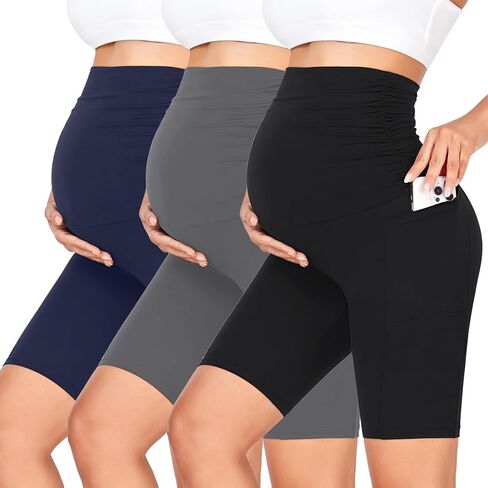 GROTEEN 3 Pack Women's Maternity Shorts with Pockets Over the Belly | 8 Inch, High Waisted, Soft, Belly Support, Workout, Yoga, Athletic, Pregnancy, Postpartum, Summer, Clothes, Outfits, Sets in Saudi Arabia
