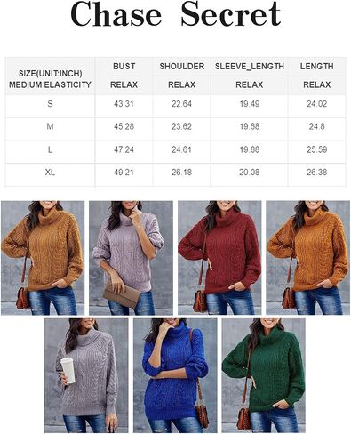 Chase Secret Womens Turtle Cowl Neck Solid Color Soft Comfy Cable Knit Pullover Sweaters S-2XL in Saudi Arabia