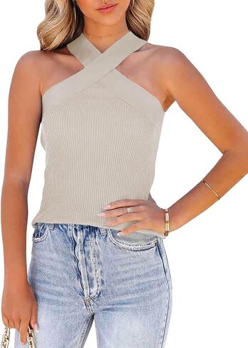 Womens Criss Cross Halter Sweater Vest Tops Summer Sleeveless Pullover Casual Lightweight V Neck Knit Tank Top in Kuwait