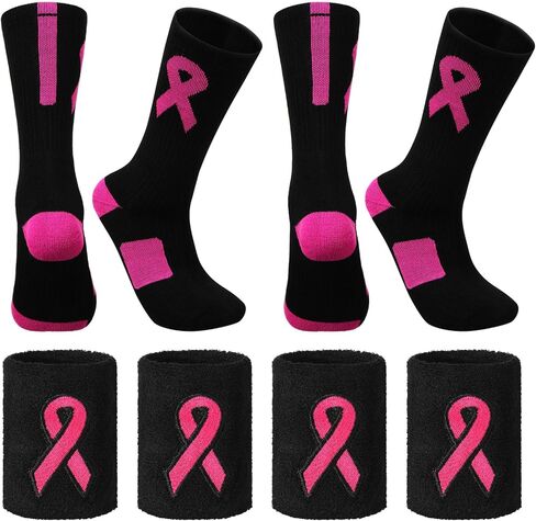 هيركيهسي مجموعة من 8 ازواج من الجوارب بشريط زهري للتوعية بسرطان الثدي واساور المعصم، 4 جوارب بينك كرو و4 عصابات معصم للنساء والشباب، اكسسوارات دعم رياضية، الوان كلاسيكية، قطعة واحدة, ألوان كلاسيكية, in Kuwait